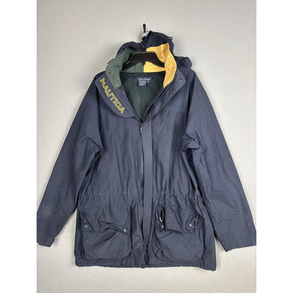Vintage Nautica Jacket Mens Large Blue Hooded Parka Mesh Lined Logo Embroidered